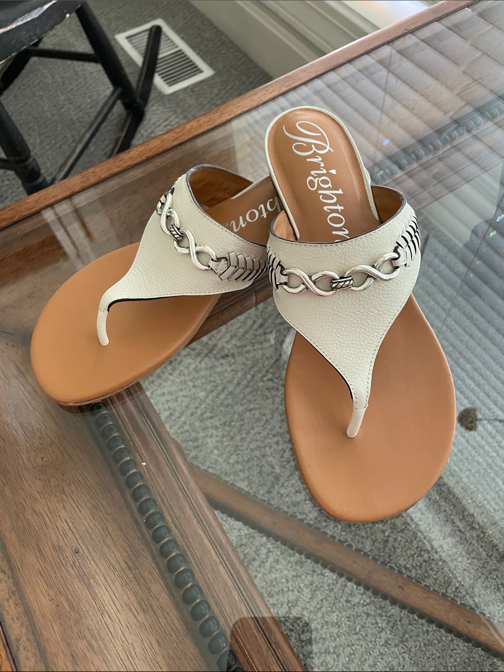 Brighton Cream Leather Chain-Trim Thong Sandals